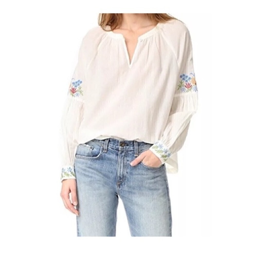 The Great. Floral Embroidered Sonnet Top Long Sleeve Blouse Off White Ivory Sz 0